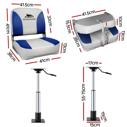 Seamanship 2X Folding Boat Seats with 2X Adjustable Pedestals 55-75cm Marine Swivel Low Back 13cm Padding BS-86202-WB-40-5575X2