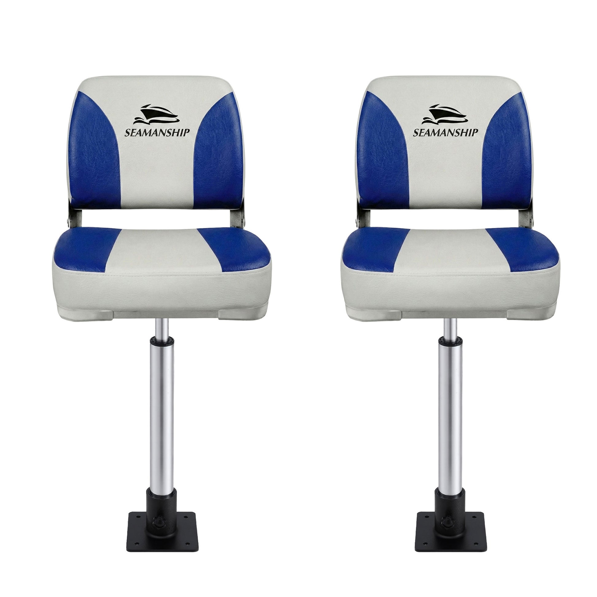 Seamanship 2X Folding Boat Seats with 2X Adjustable Pedestals 55-75cm Marine Swivel Low Back 13cm Padding BS-86202-WB-40-5575X2