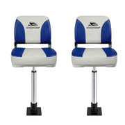 Seamanship 2X Folding Boat Seats with 2X Adjustable Pedestals 55–75cm Marine Swivel Low Back 13cm Padding White Blue