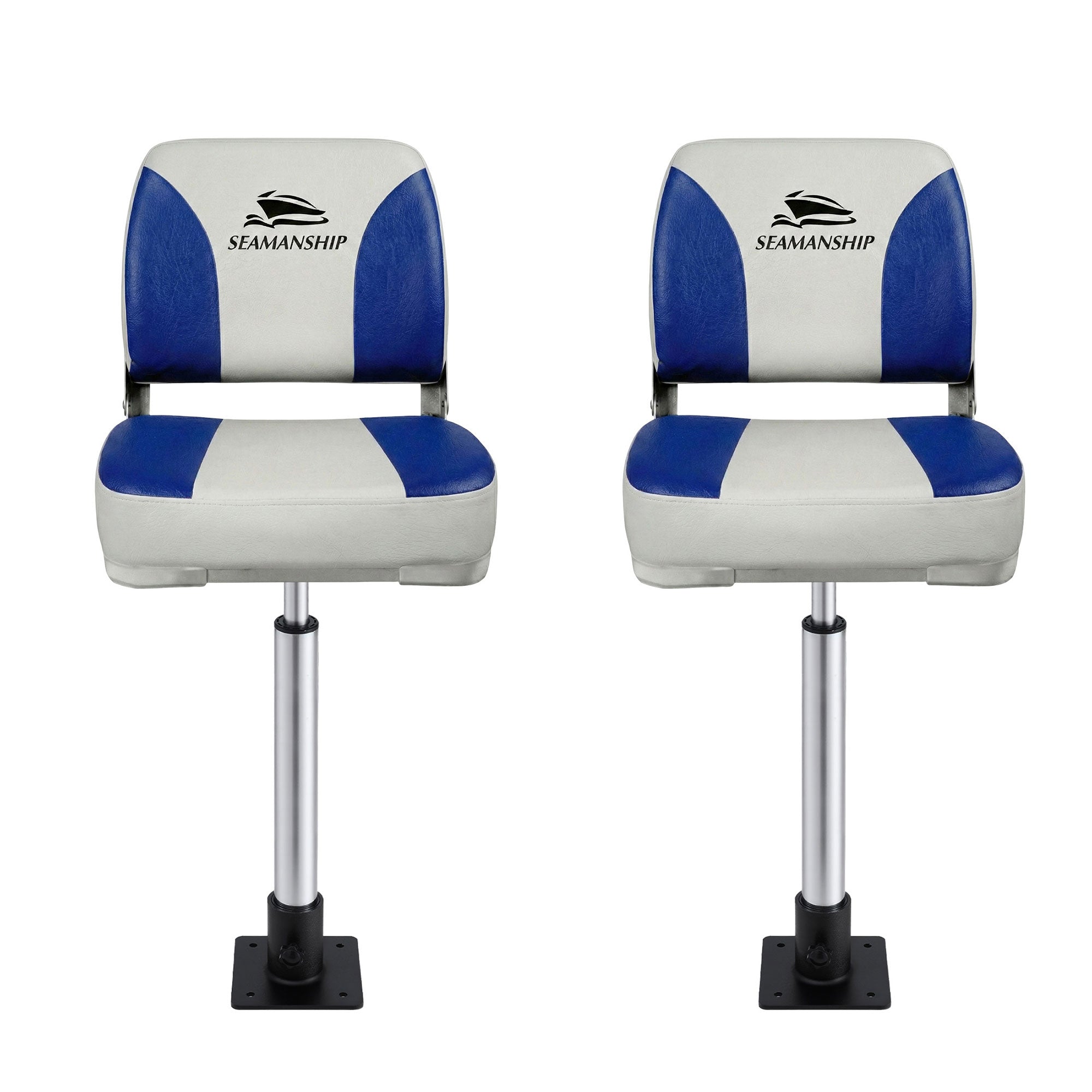 Seamanship 2X Folding Boat Seats with 2X Adjustable Pedestals 55–75cm Marine Swivel Low Back 13cm Padding White Blue