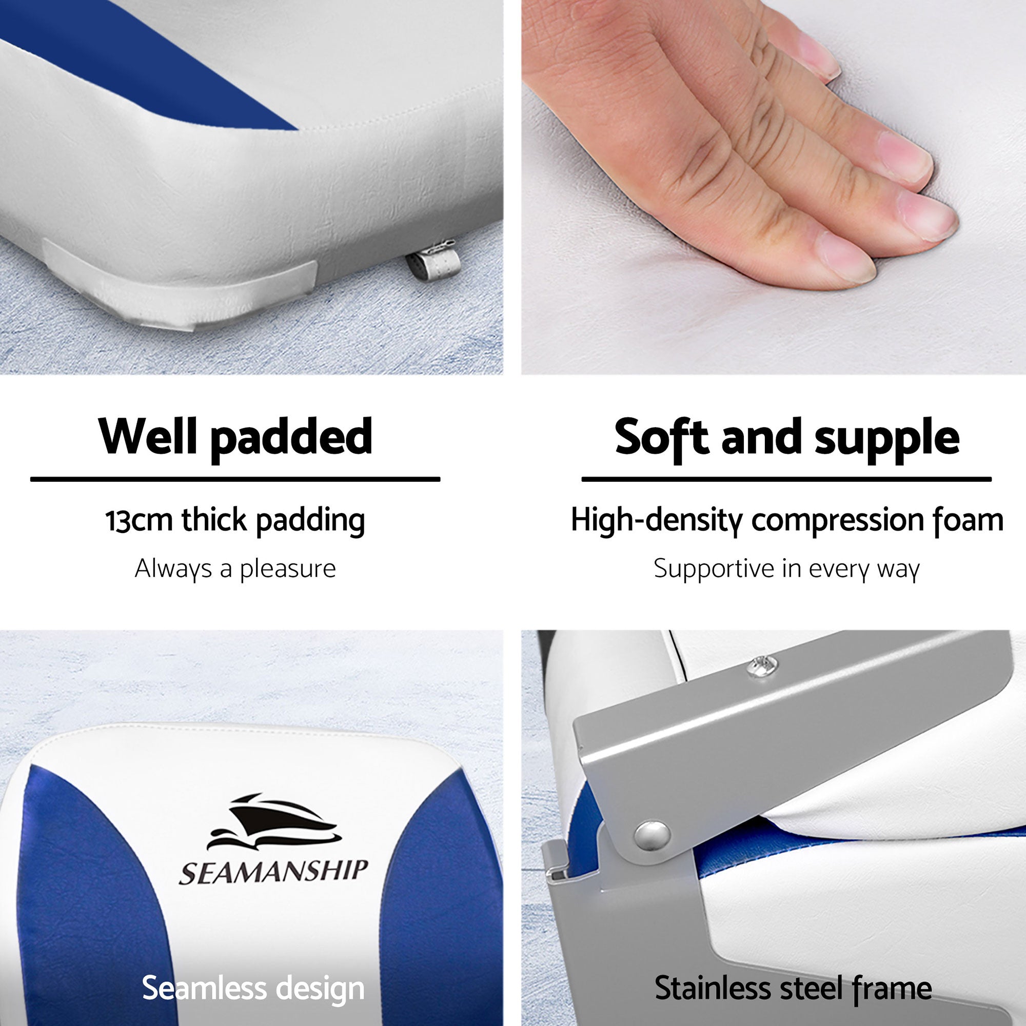 Seamanship 2X Folding Boat Seats with 2X Adjustable Pedestals 55–75cm Marine Swivel Low Back 13cm Padding White Blue