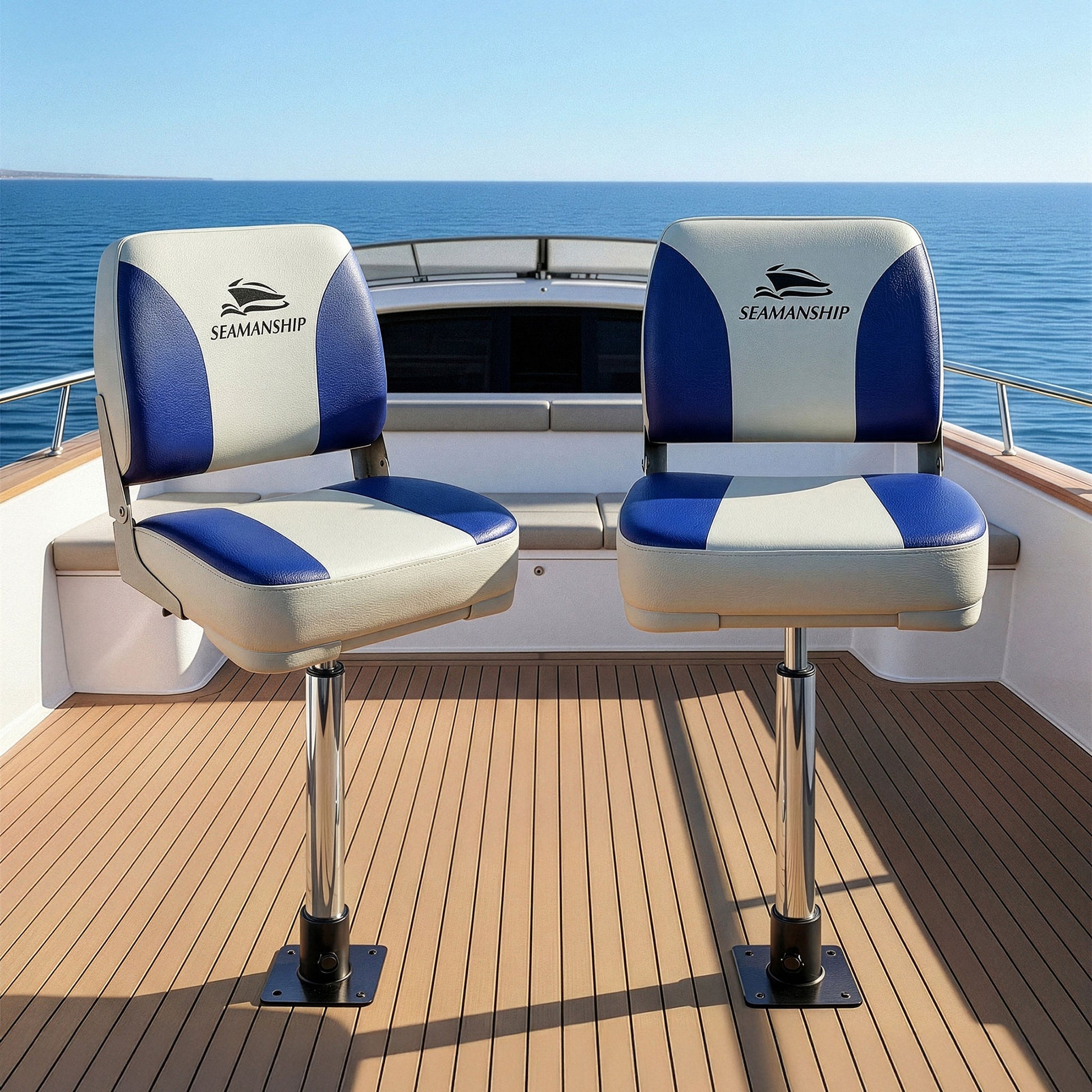 Seamanship 2X Folding Boat Seats with 2X Adjustable Pedestals 55-75cm Marine Swivel Low Back 13cm Padding BS-86202-WB-40-5575X2
