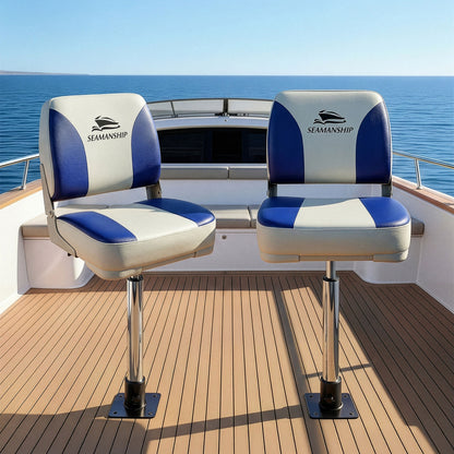 Seamanship 2X Folding Boat Seats with 2X Adjustable Pedestals 55-75cm Marine Swivel Low Back 13cm Padding BS-86202-WB-40-5575X2