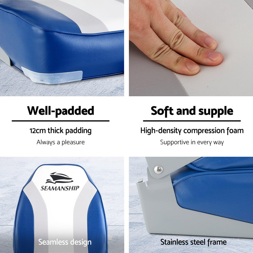 Seamanship 2X Folding Boat Seats Marine Seat Swivel High Back 12cm Padding Blue BS-86211-WB