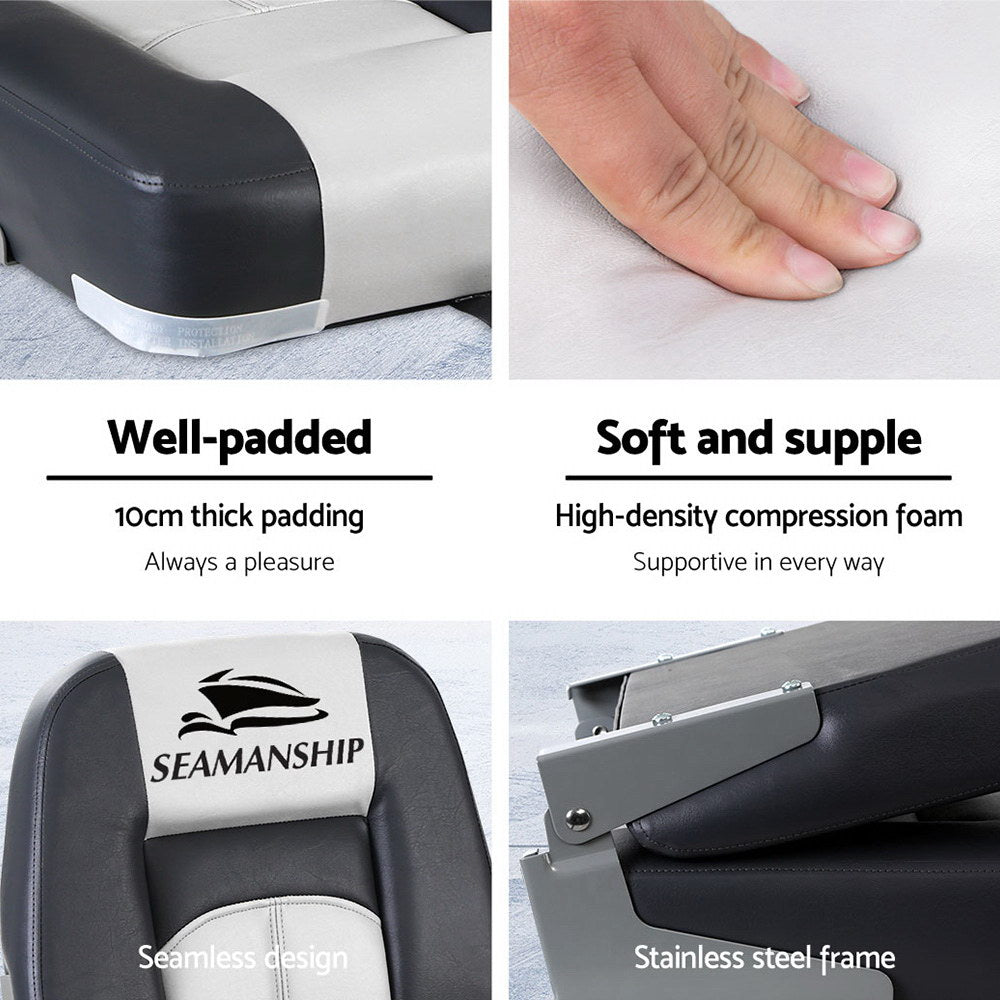 Seamanship 2X Folding Boat Seats Marine Seat Swivel Low Back 10cm Padding Grey BS-86520-5-GR