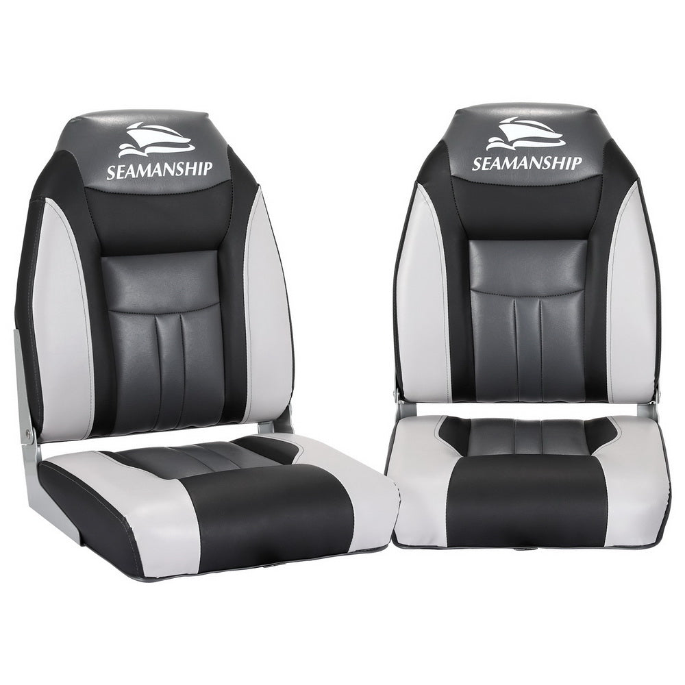 Seamanship 2X Folding Boat Seats Marine Seat Swivel High Back 12cm Padding Black BS-86522-BK