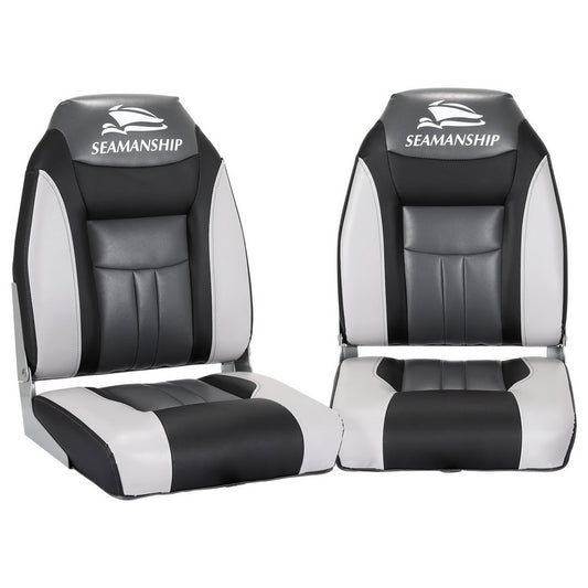 Seamanship 2X Folding Boat Seats Marine Seat Swivel High Back 12cm Padding Black BS-86522-BK
