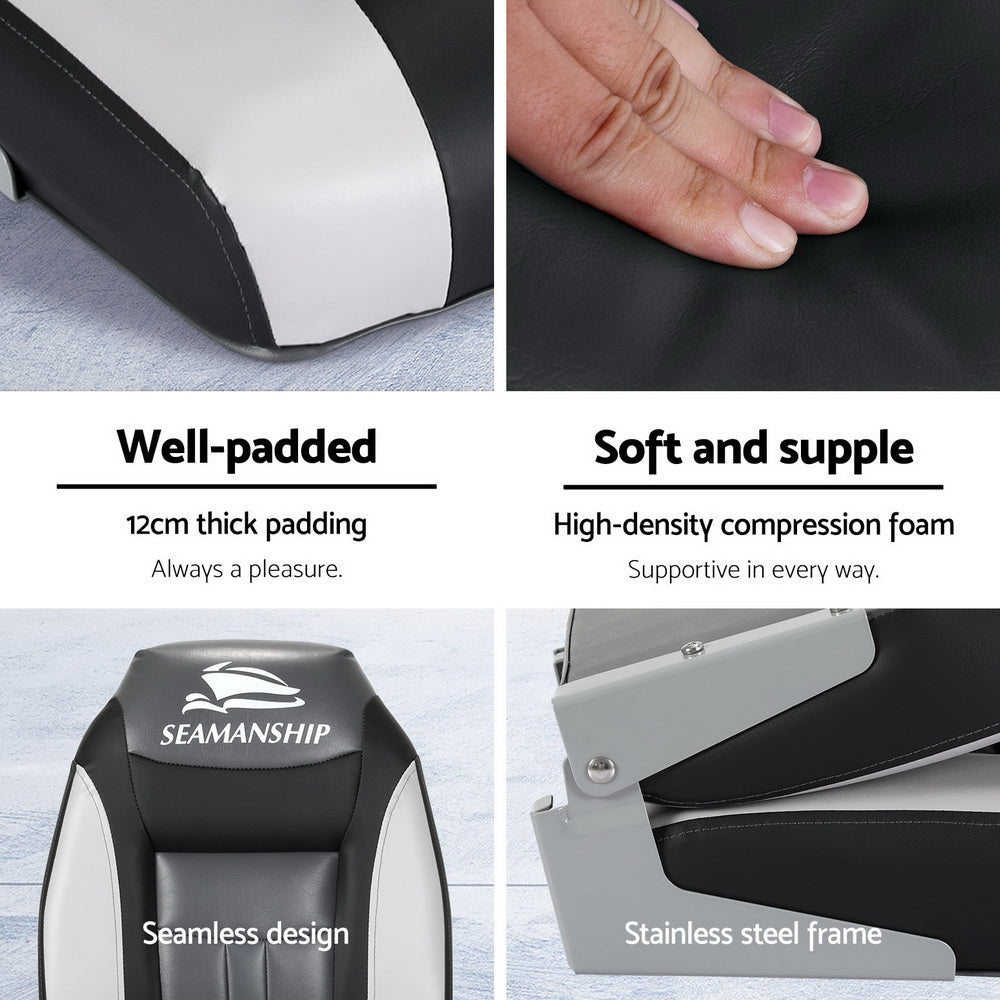 Seamanship 2X Folding Boat Seats Marine Seat Swivel High Back 12cm Padding Black BS-86522-BK