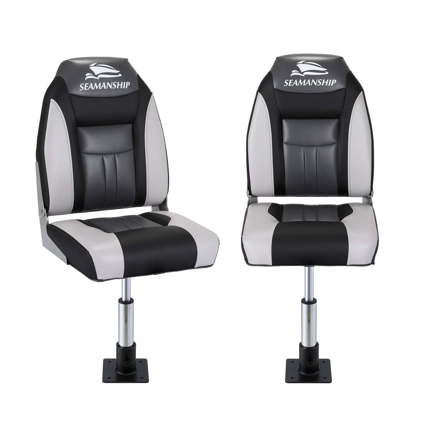 Seamanship 2X Folding Boat Seats with 2X Adjustable Pedestals 34-46cm Marine Seat Swivel High Back 12cm BS-86522-BK-3446X2