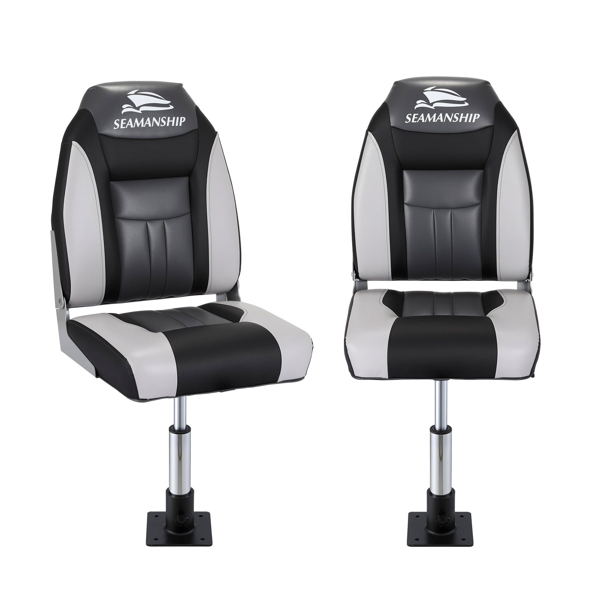 Seamanship 2X Folding Boat Seats with 2X Adjustable Pedestals 34-46cm Marine Seat Swivel High Back 12cm BS-86522-BK-3446X2