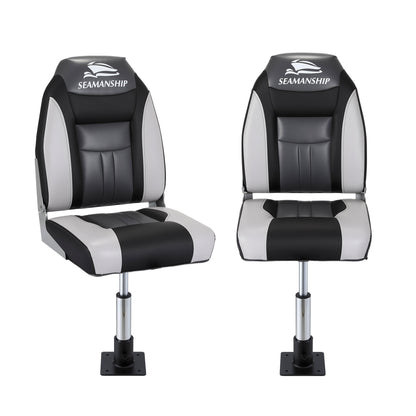 Seamanship 2X Folding Boat Seats with 2X Adjustable Pedestals 34-46cm Marine Seat Swivel High Back 12cm BS-86522-BK-3446X2