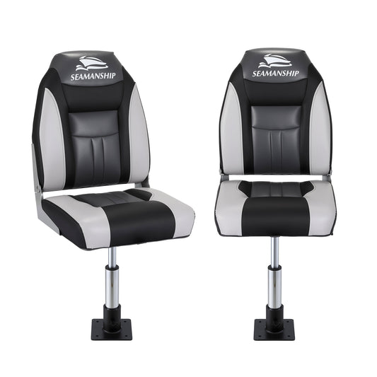 Seamanship 2X Folding Boat Seats with 2X Adjustable Pedestals 34-46cm Marine Seat Swivel High Back 12cm BS-86522-BK-3446X2