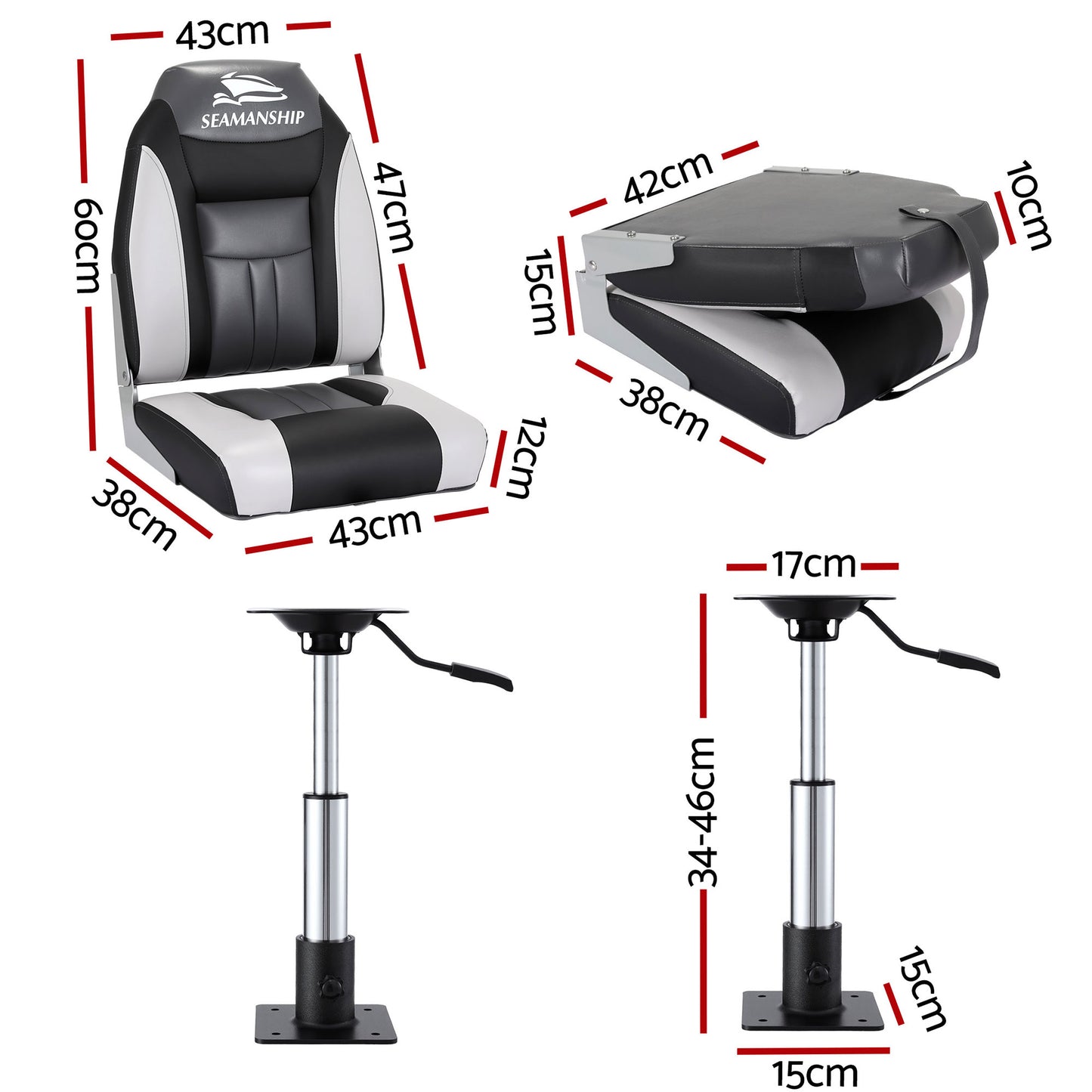 Seamanship 2X Folding Boat Seats with 2X Adjustable Pedestals 34-46cm Marine Seat Swivel High Back 12cm BS-86522-BK-3446X2