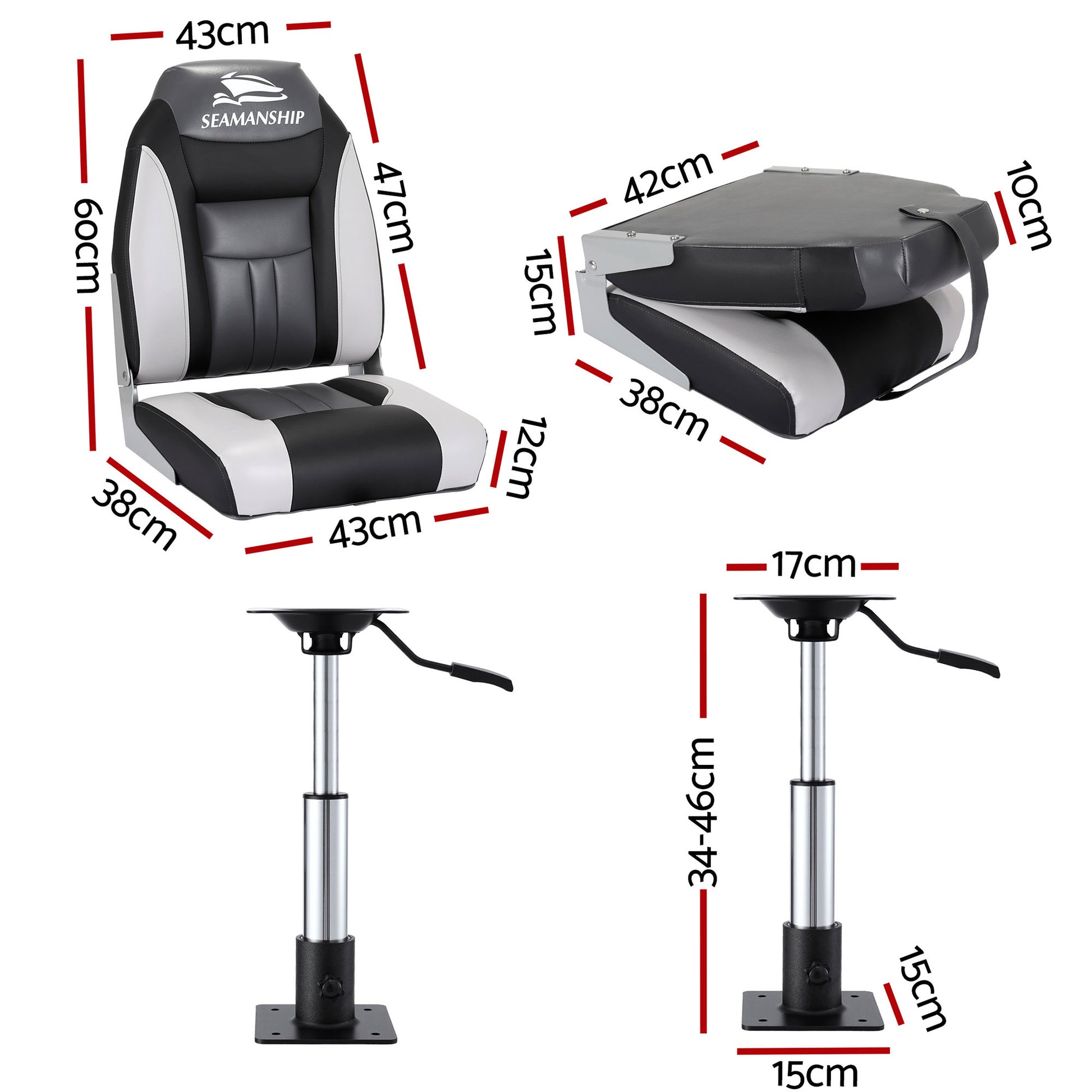 Seamanship 2X Folding Boat Seats with 2X Adjustable Pedestals 34-46cm Marine Seat Swivel High Back 12cm BS-86522-BK-3446X2