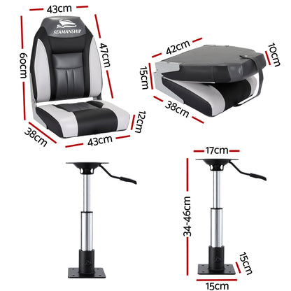 Seamanship 2X Folding Boat Seats with 2X Adjustable Pedestals 34-46cm Marine Seat Swivel High Back 12cm BS-86522-BK-3446X2