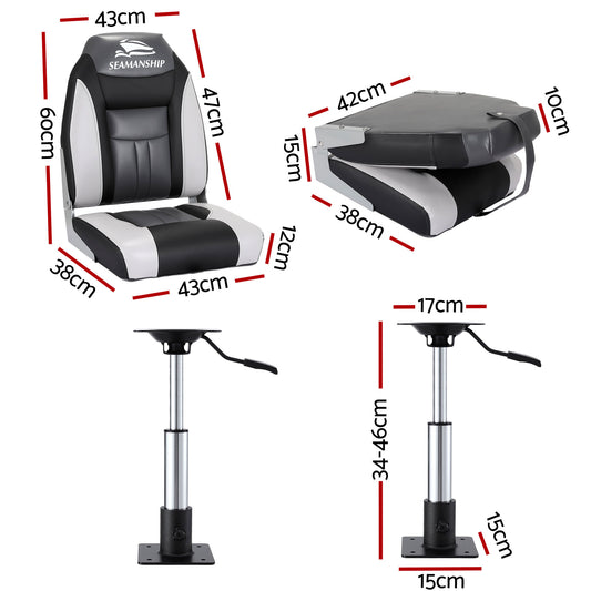 Seamanship 2X Folding Boat Seats with 2X Adjustable Pedestals 34-46cm Marine Seat Swivel High Back 12cm BS-86522-BK-3446X2
