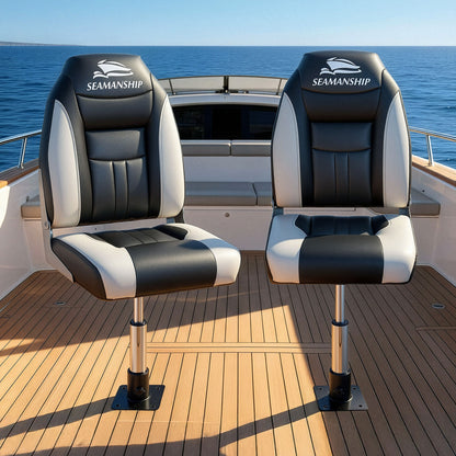 Seamanship 2X Folding Boat Seats with 2X Adjustable Pedestals 34-46cm Marine Seat Swivel High Back 12cm BS-86522-BK-3446X2