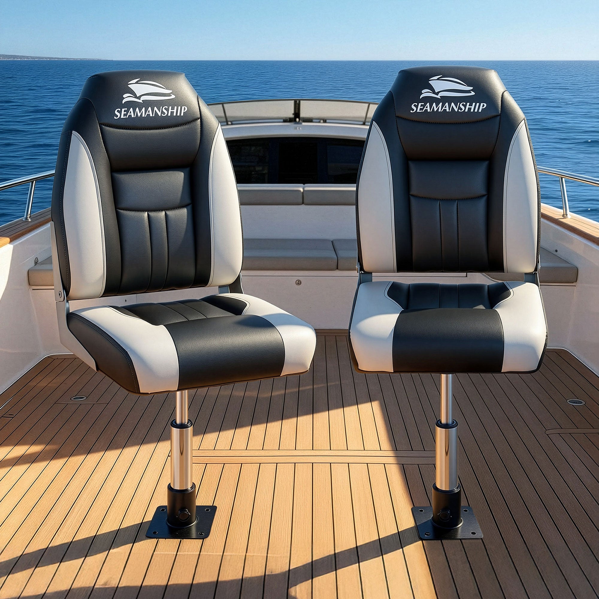 Seamanship 2X Folding Boat Seats with 2X Adjustable Pedestals 34–46cm Marine Seat Swivel High Back 12cm Padding Black
