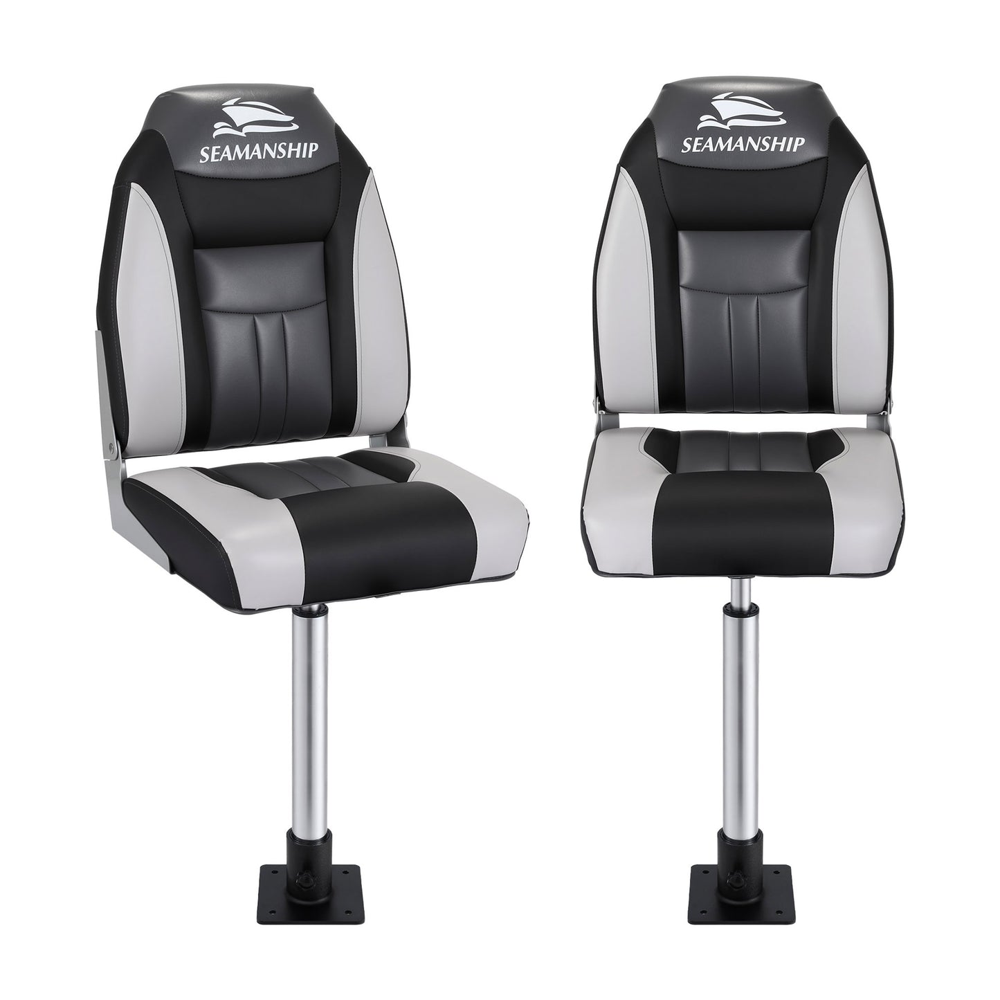 Seamanship 2X Folding Boat Seats with 2X Adjustable Pedestals 55-75cm Marine Seat Swivel High Back 12cm BS-86522-BK-5575X2