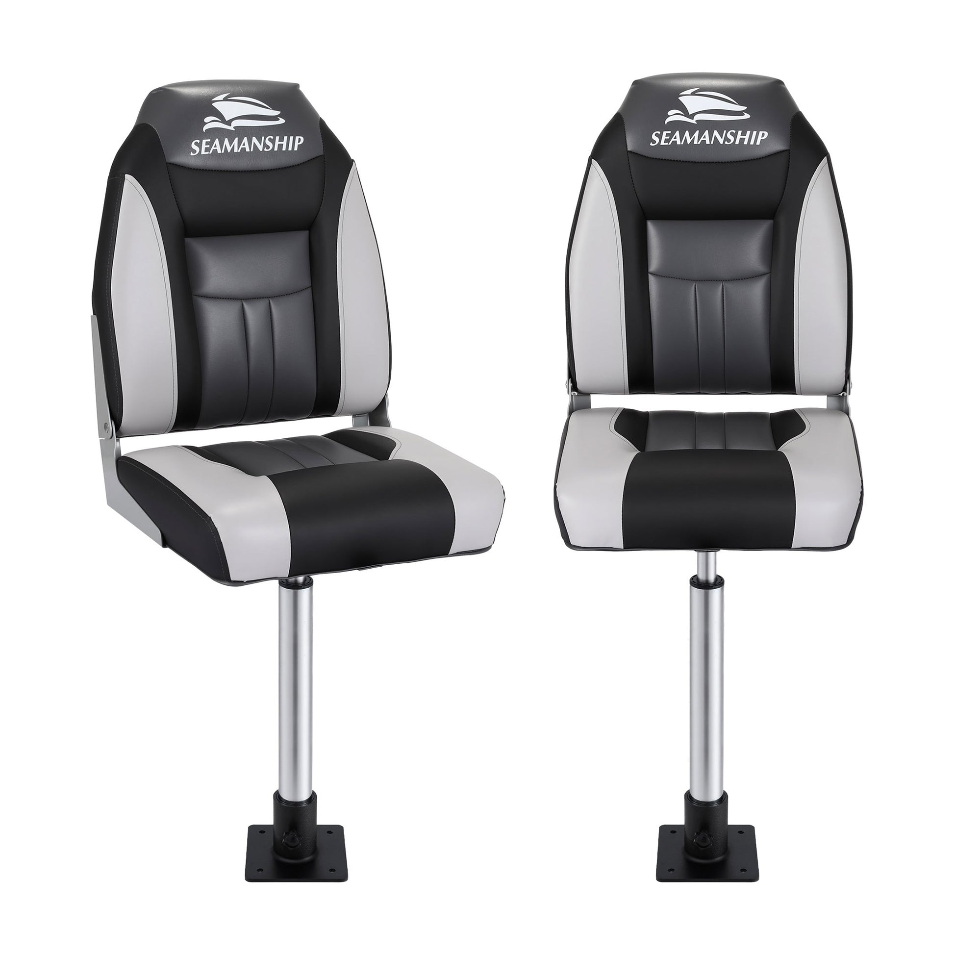 Seamanship 2X Folding Boat Seats with 2X Adjustable Pedestals 55-75cm Marine Seat Swivel High Back 12cm BS-86522-BK-5575X2