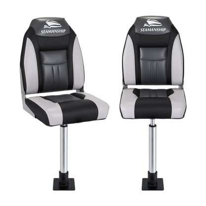 Seamanship 2X Folding Boat Seats with 2X Adjustable Pedestals 55-75cm Marine Seat Swivel High Back 12cm BS-86522-BK-5575X2