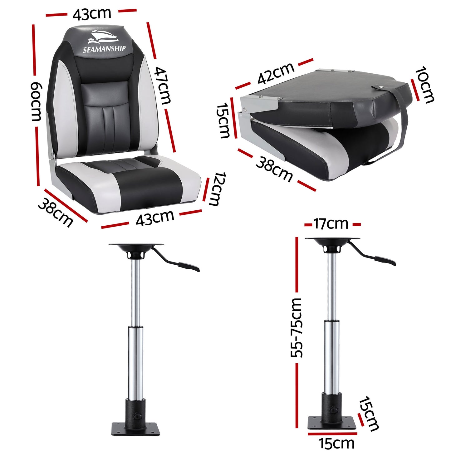 Seamanship 2X Folding Boat Seats with 2X Adjustable Pedestals 55-75cm Marine Seat Swivel High Back 12cm BS-86522-BK-5575X2