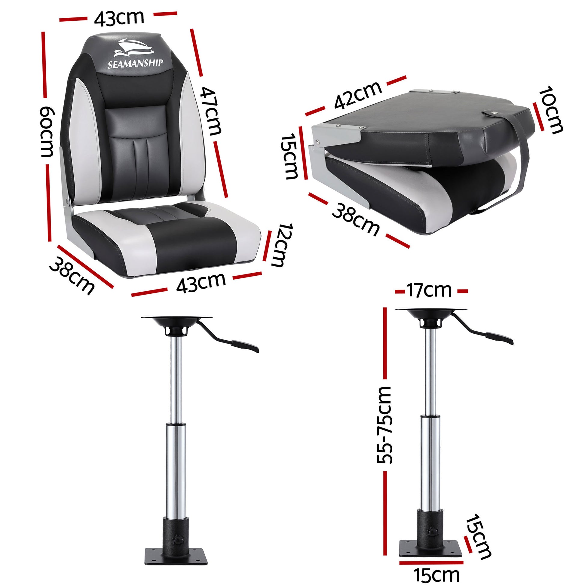 Seamanship 2X Folding Boat Seats with 2X Adjustable Pedestals 55-75cm Marine Seat Swivel High Back 12cm BS-86522-BK-5575X2