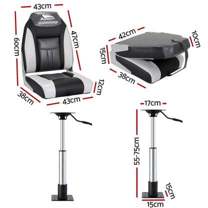 Seamanship 2X Folding Boat Seats with 2X Adjustable Pedestals 55-75cm Marine Seat Swivel High Back 12cm BS-86522-BK-5575X2