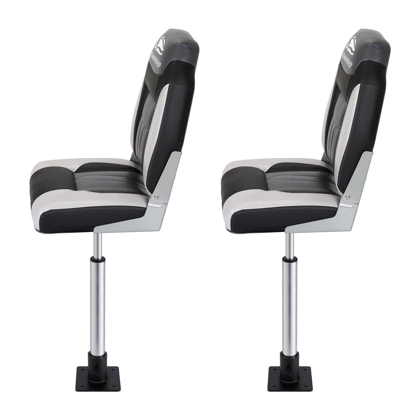 Seamanship 2X Folding Boat Seats with 2X Adjustable Pedestals 55-75cm Marine Seat Swivel High Back 12cm BS-86522-BK-5575X2