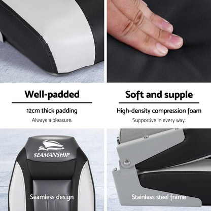 Seamanship 2X Folding Boat Seats with 2X Adjustable Pedestals 55-75cm Marine Seat Swivel High Back 12cm BS-86522-BK-5575X2