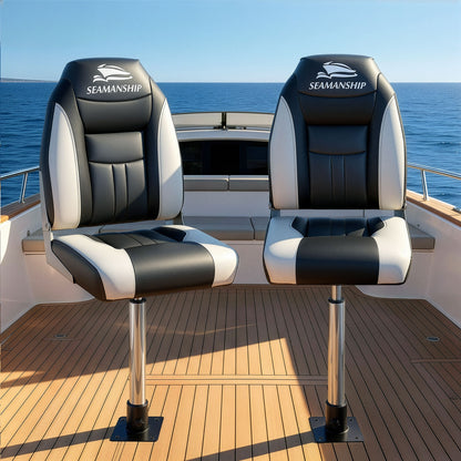 Seamanship 2X Folding Boat Seats with 2X Adjustable Pedestals 55-75cm Marine Seat Swivel High Back 12cm BS-86522-BK-5575X2
