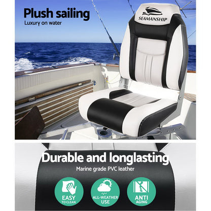 Seamanship 2X Folding Boat Seats Marine Seat Swivel High Back 12cm Padding Grey BS-86522-GR