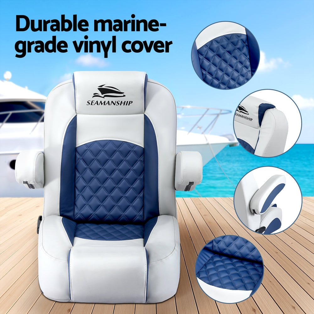 Seamanship Reclining Captain Boat Seat 90 degrees-155 degrees Recline, 19cm Thick Cushion BS-B-ARMREST-BL