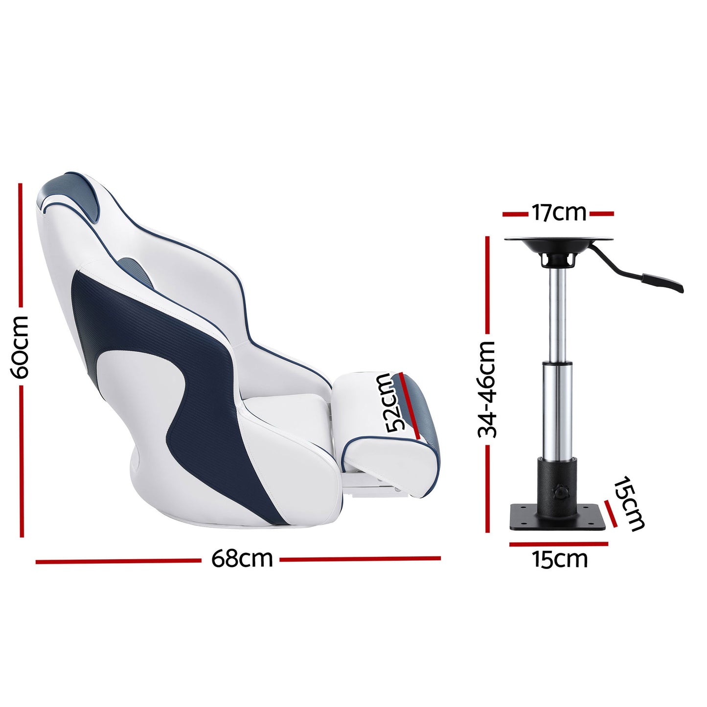 Seamanship Captain Bucket Boat Seats Flip Up Bolster Swivel 15cm Padding with Adjustable Pedestals 34-46cm BS-B-HELM-WB-60-3446X1