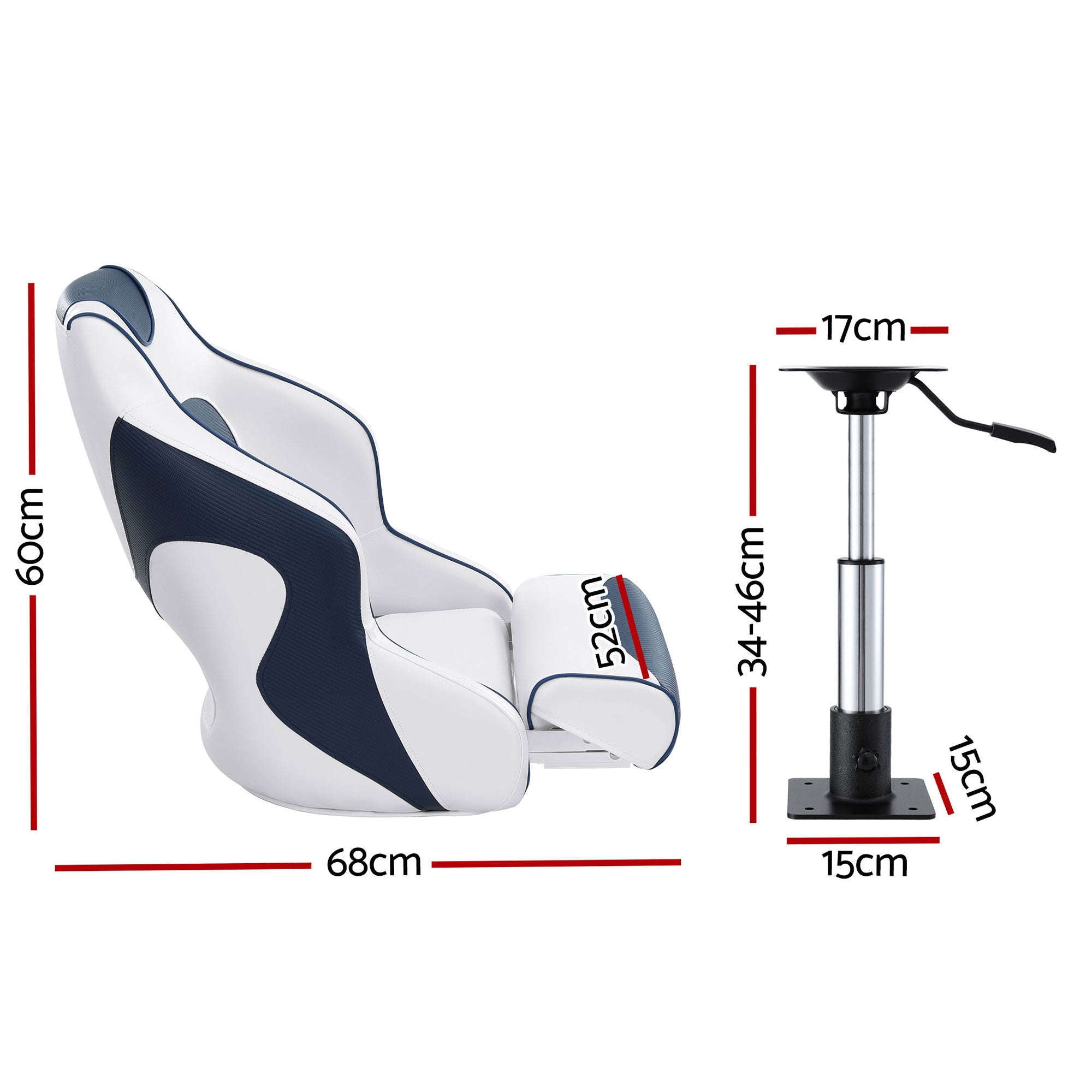Seamanship Captain Bucket Boat Seats Flip Up Bolster Swivel 15cm Padding with Adjustable Pedestals 34-46cm BS-B-HELM-WB-60-3446X1