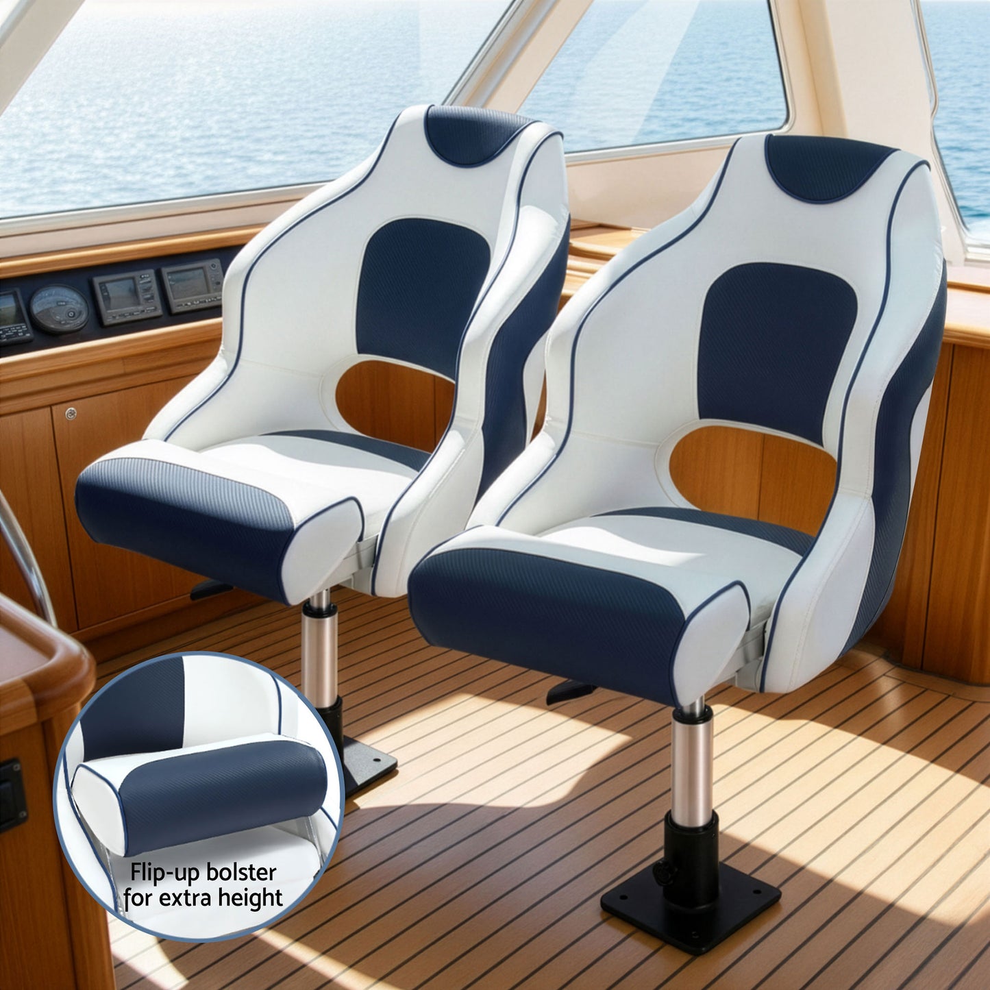 Seamanship Captain Bucket Boat Seats Flip Up Bolster Swivel 15cm Padding with Adjustable Pedestals 34-46cm BS-B-HELM-WB-60-3446X1