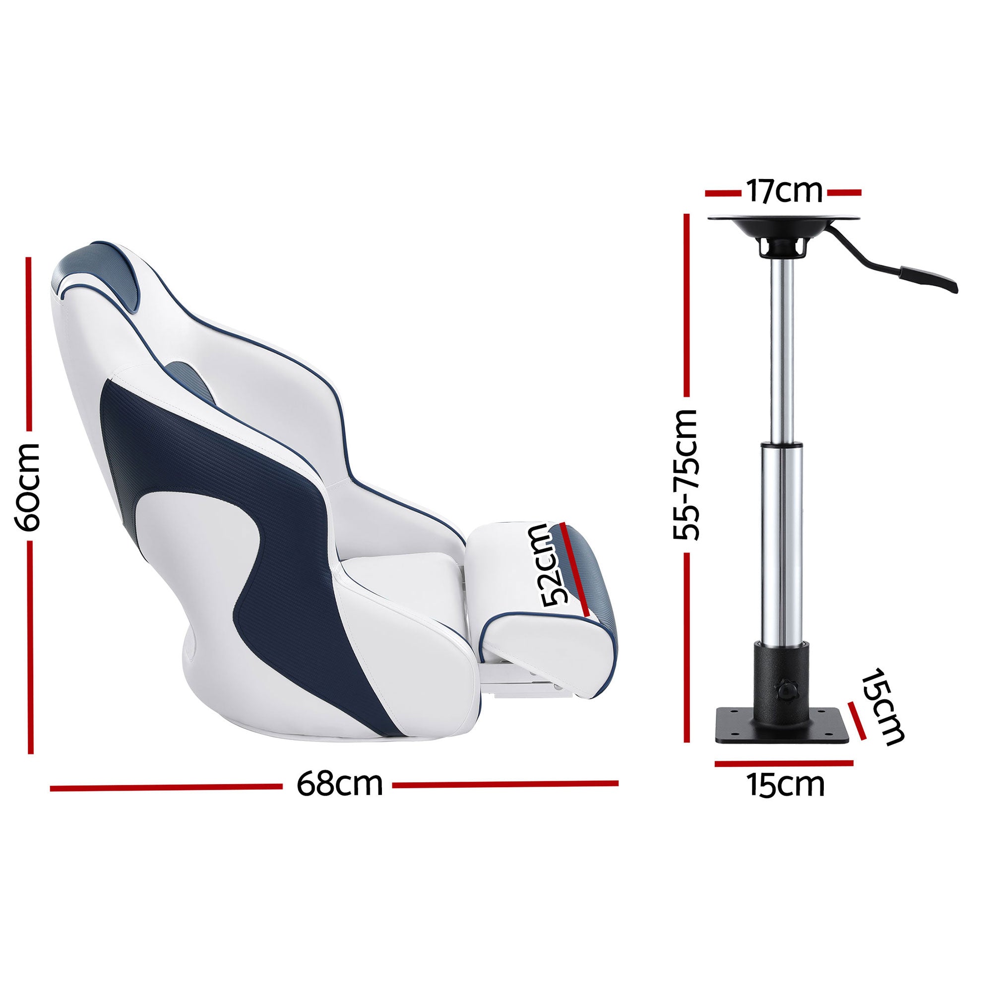 Seamanship Captain Bucket Boat Seats Flip Up Bolster Swivel 15cm Padding with Adjustable Pedestals 55-75cm BS-B-HELM-WB-60-5575