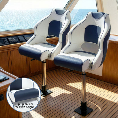 Seamanship Captain Bucket Boat Seats Flip Up Bolster Swivel 15cm Padding with Adjustable Pedestals 55-75cm BS-B-HELM-WB-60-5575