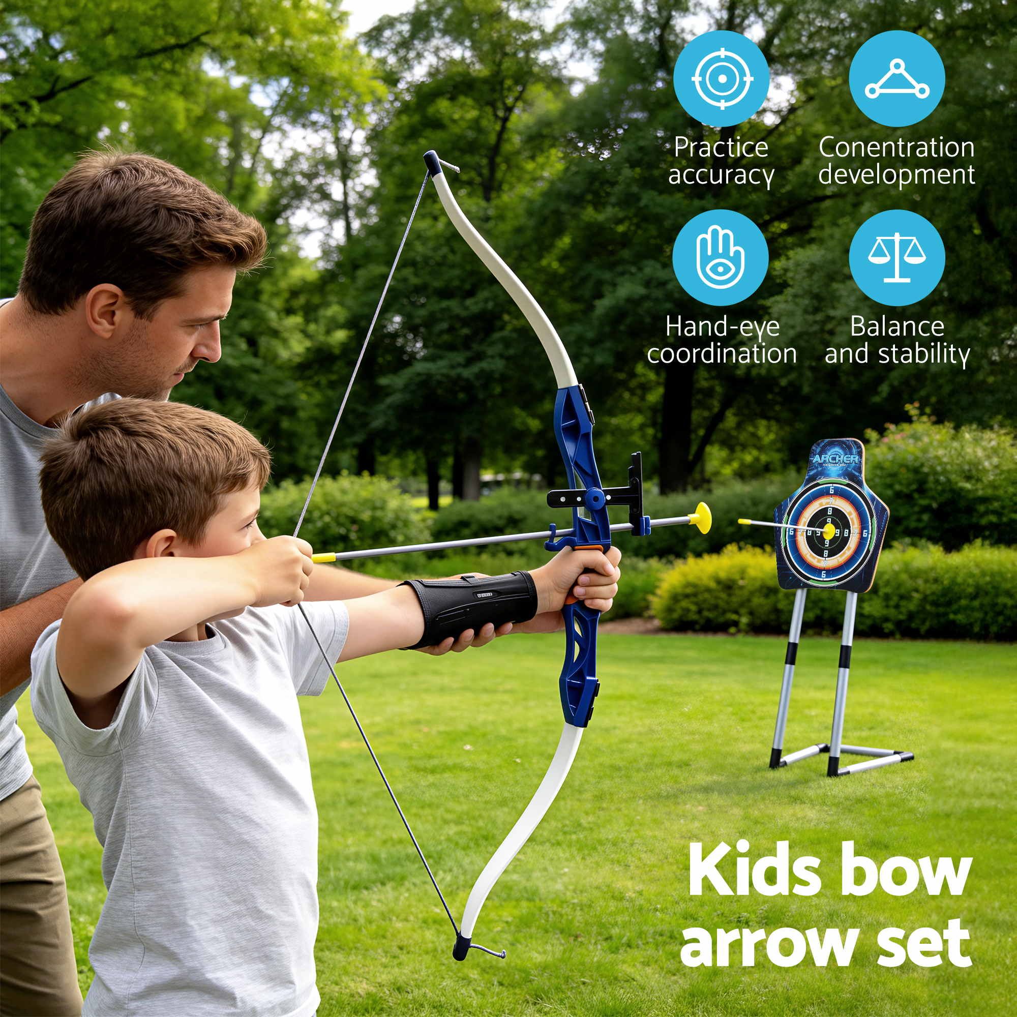Keezi Kids Bow and Arrow Set Toy Archery Standing Target Suction Cup Arrows BS-KD-8195-SET-BU