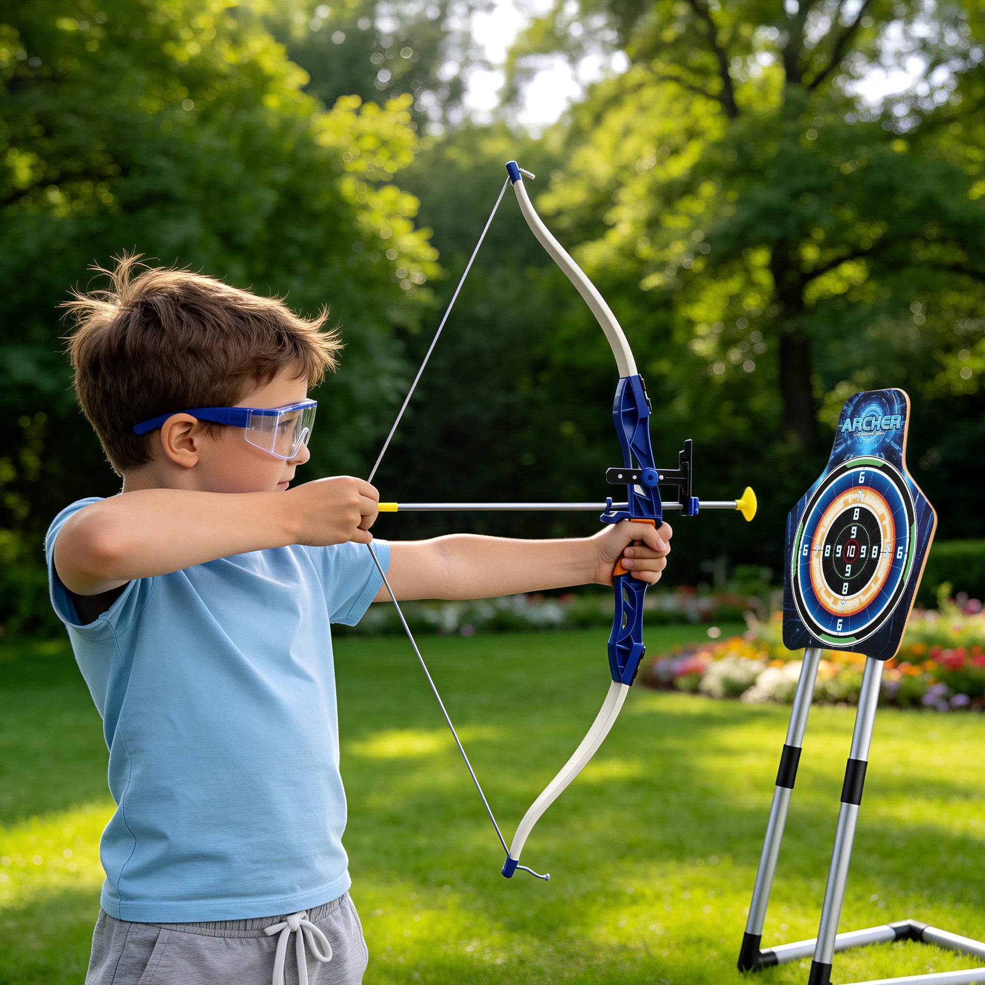 Keezi Kids Bow and Arrow Set Toy Archery Standing Target Suction Cup Arrows Goggles BS-KD-95CM-SET-BU