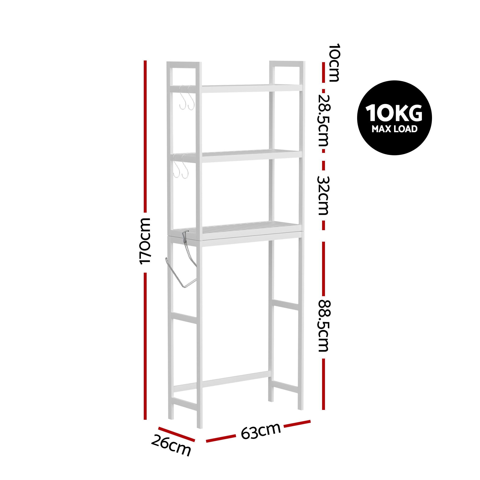 Artiss Over Toilet Storage Bathroom Rack Space Saving 3 Tier Organiser White BSR-A-3T-170H-WH
