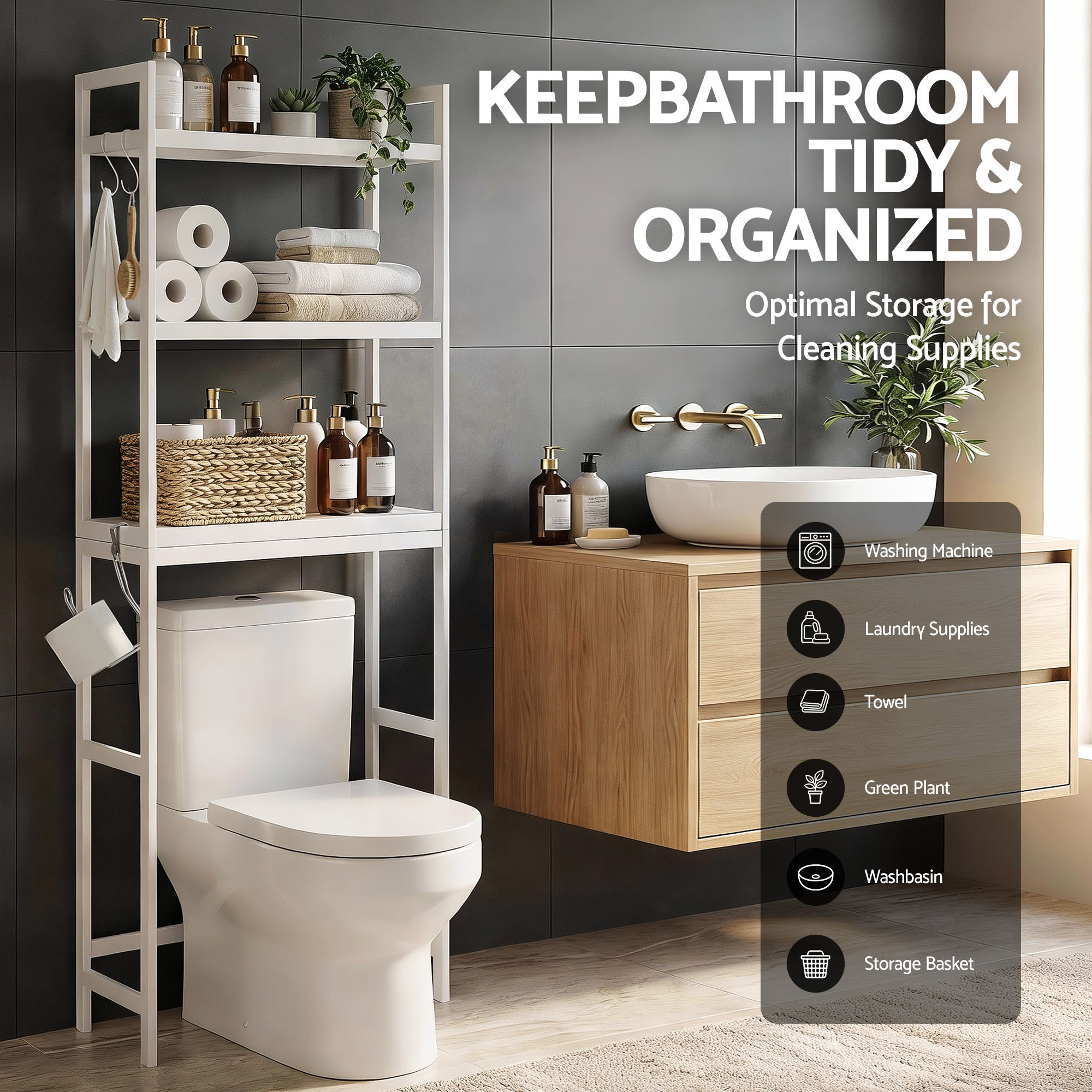 Artiss Over Toilet Storage Bathroom Rack Space Saving 3 Tier Organiser White BSR-A-3T-170H-WH