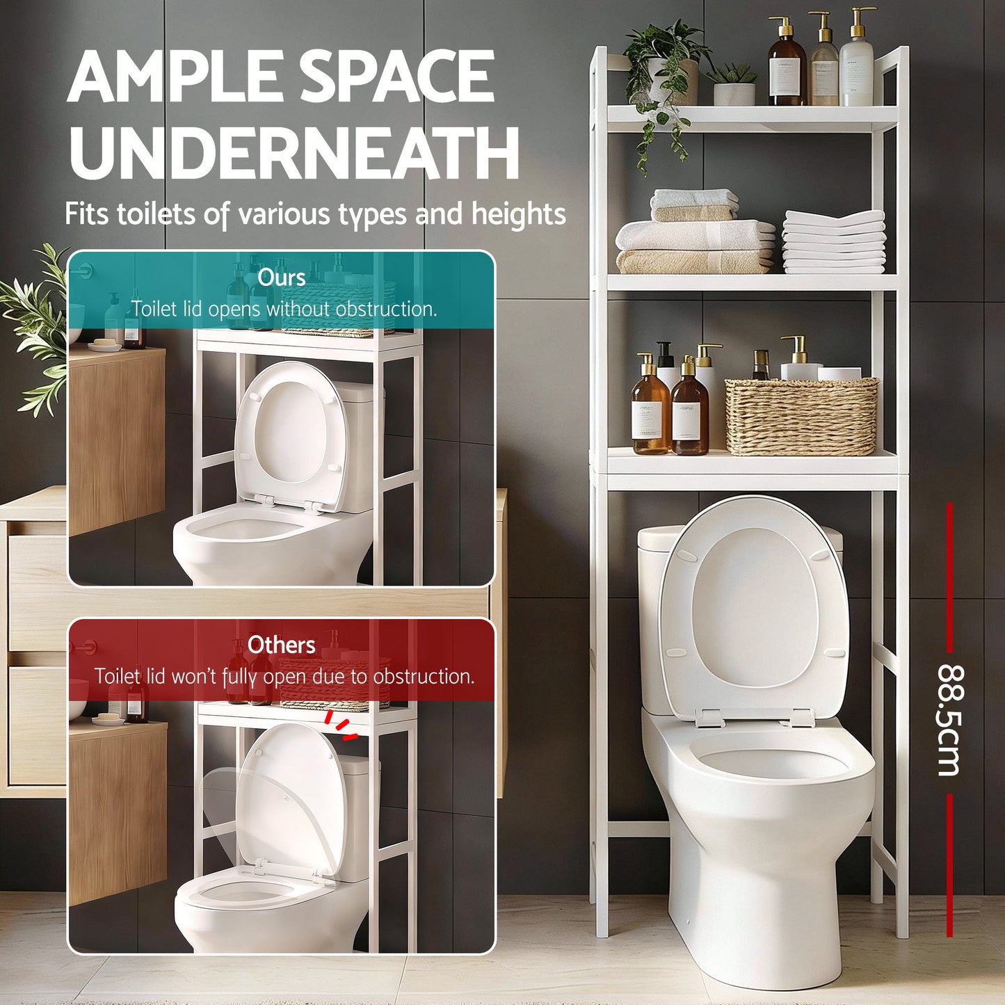 Artiss Over Toilet Storage Bathroom Rack Space Saving 3 Tier Organiser White BSR-A-3T-170H-WH