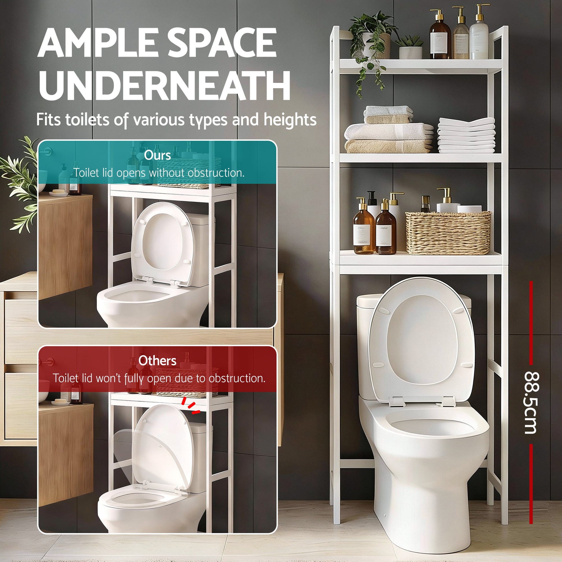 Artiss Over Toilet Storage Bathroom Rack Space Saving 3 Tier Organiser White BSR-A-3T-170H-WH