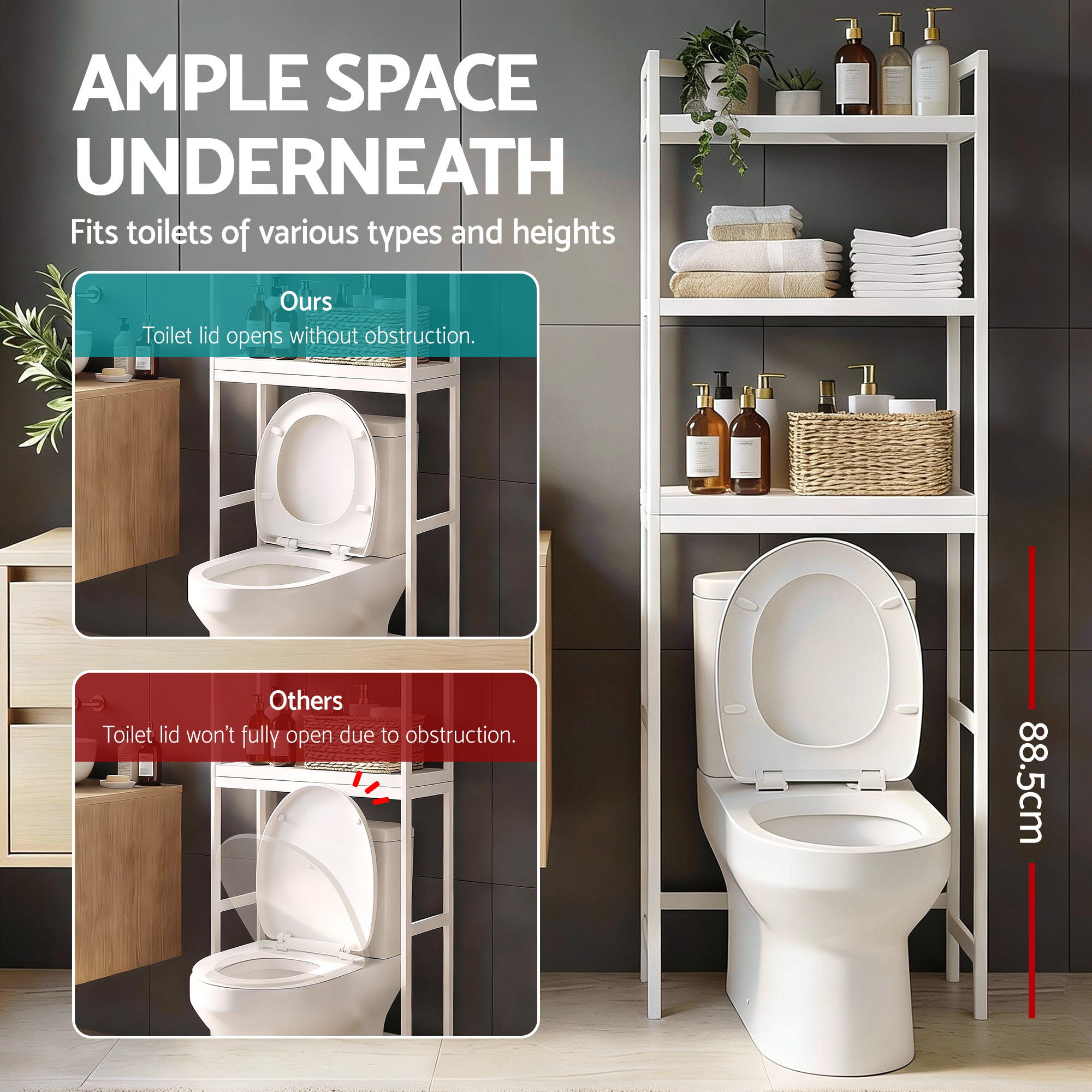 Artiss Over Toilet Storage Bathroom Rack Space Saving 3 Tier Organiser White BSR-A-3T-170H-WH