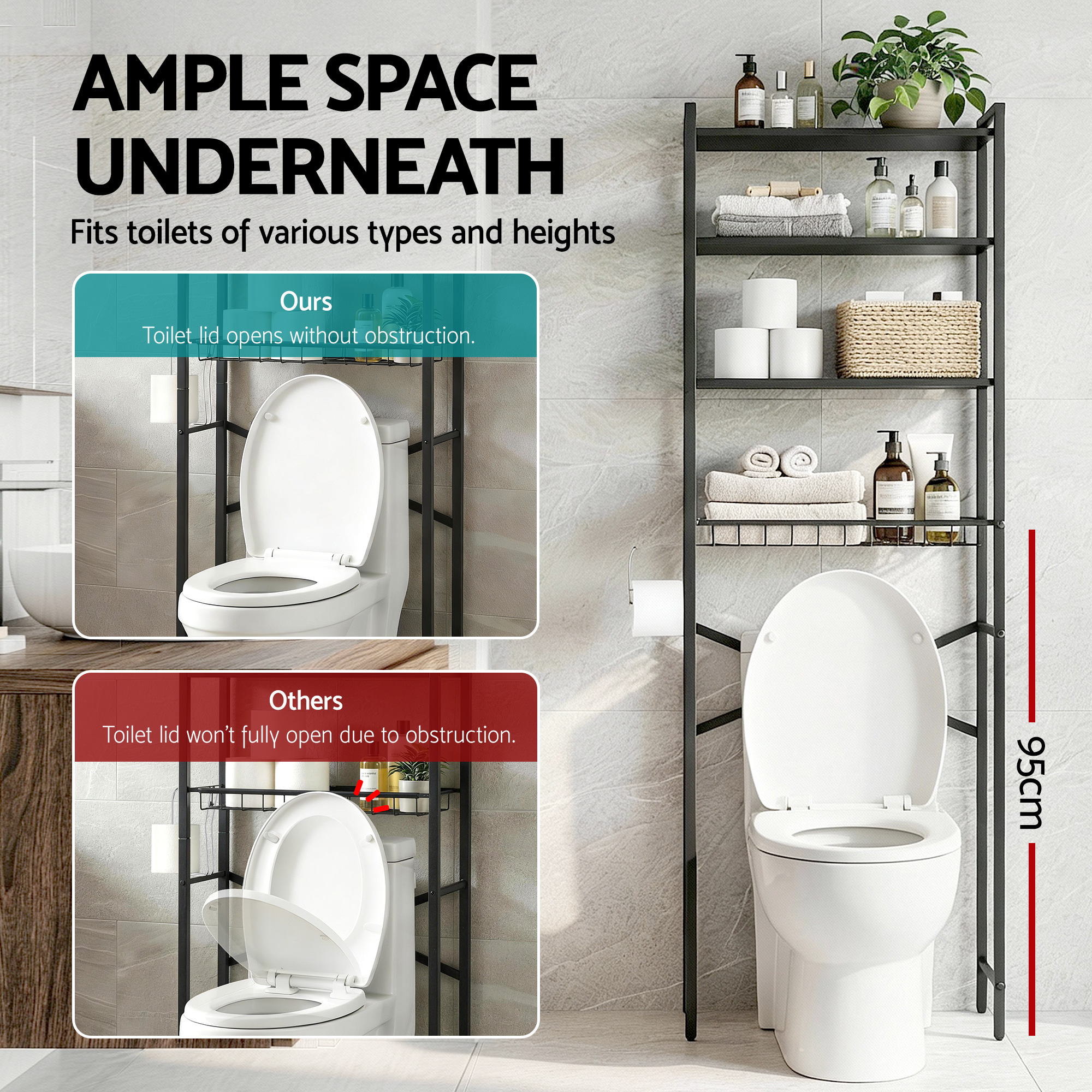 Artiss Over Toilet Bathroom Storage Rack Space Saving 4 Tier Organiser White BSR-A-4T-173H-BK