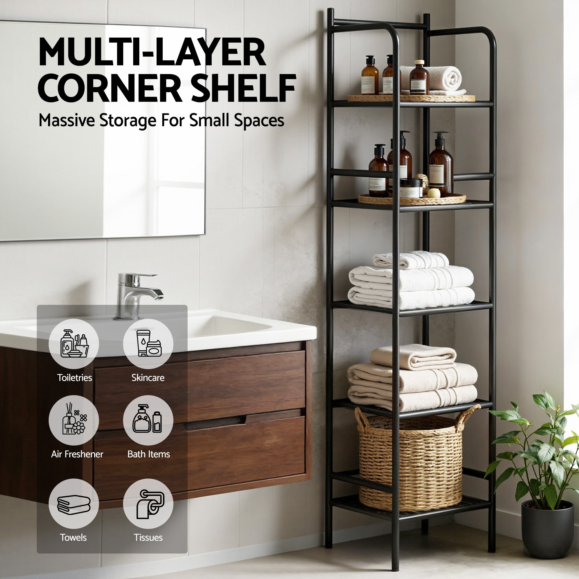 Artiss 5 Tier Floor Standing Corner Shower Caddy Bathroom Organizer Black BSR-A-5T-142H