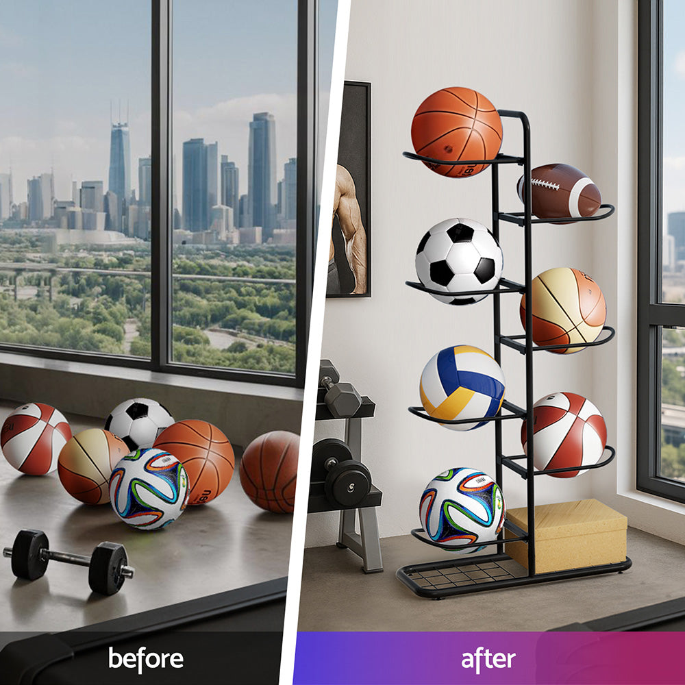 Everfit Ball Storage Rack Sports Equipment Organizer 7-Tier Holder for Garage Gym Black BSR-A-H116-BK