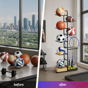 Everfit Ball Storage Rack Sports Equipment Organizer 7-Tier with Basket for Garage Gym Black BSR-A-H146-B-BK