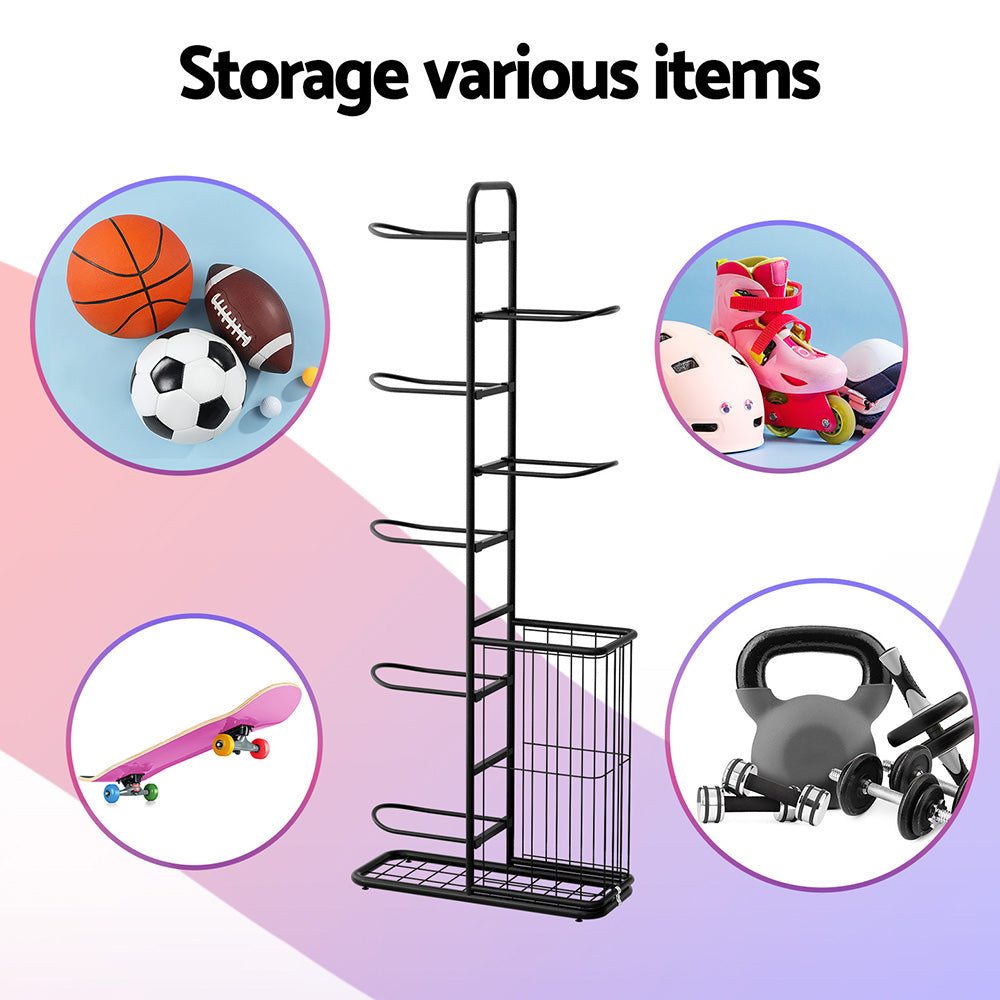 Everfit Ball Storage Rack Sports Equipment Organizer 7-Tier with Basket for Garage Gym Black BSR-A-H146-B-BK